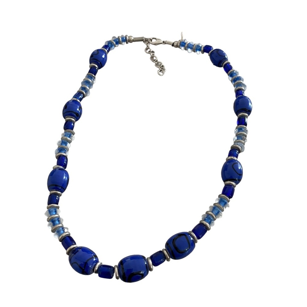 Blue art glass cobalt blue necklace silver tone lobster clasp painted